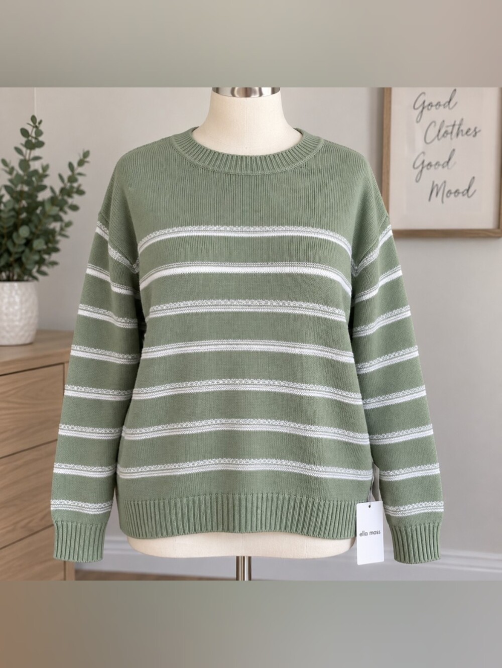 Ella Moss Women’s XXL Sage Green 100% Cotton Striped Sweater NWT
